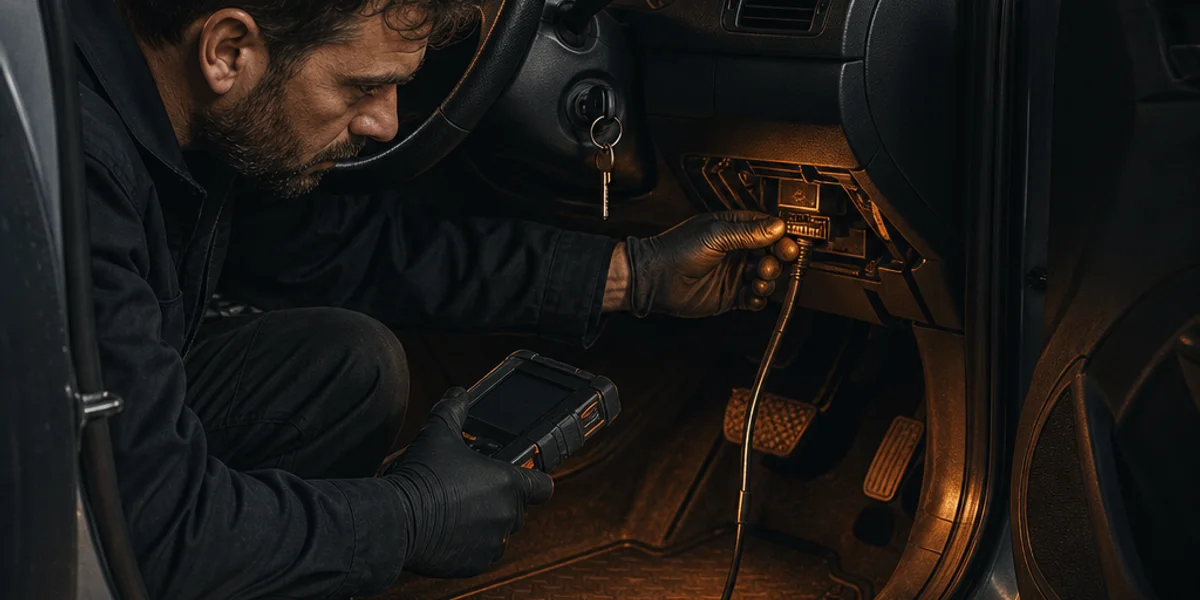 A locksmith crouched in a right-hand-drive door aperture looking up at an OBD socket bracketed under the dashboard beside the bonnet release lever