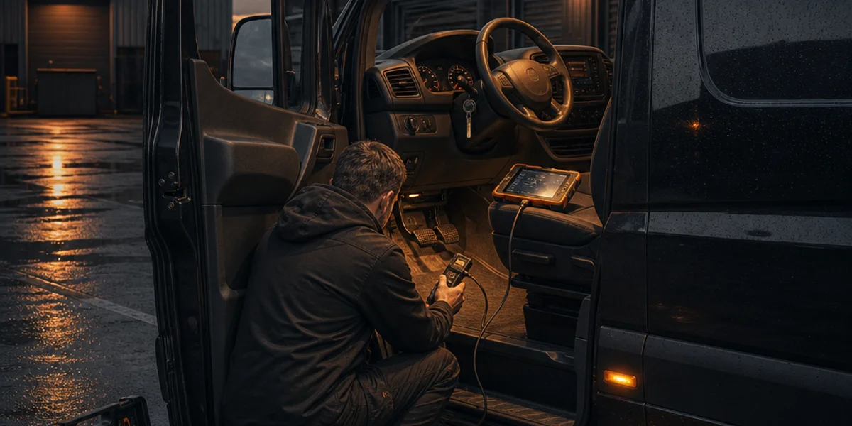 A locksmith crouched at the open driver's door of a Mercedes Sprinter van on a wet trading estate at dusk, a diagnostic tablet on the seat with its cable running into the footwell