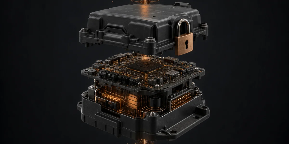 A sealed Mercedes FBS4 EIS module with its OBD data path cut off and an encrypted link running upward to a remote server rack, showing server-held key authorisation