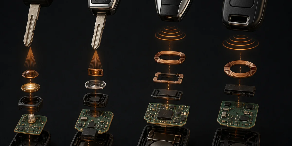Four generations of Mercedes-Benz key authentication shown side by side, from an early infra-red remote head key through to an FBS4 proximity smart key and a Renault-style flip remote