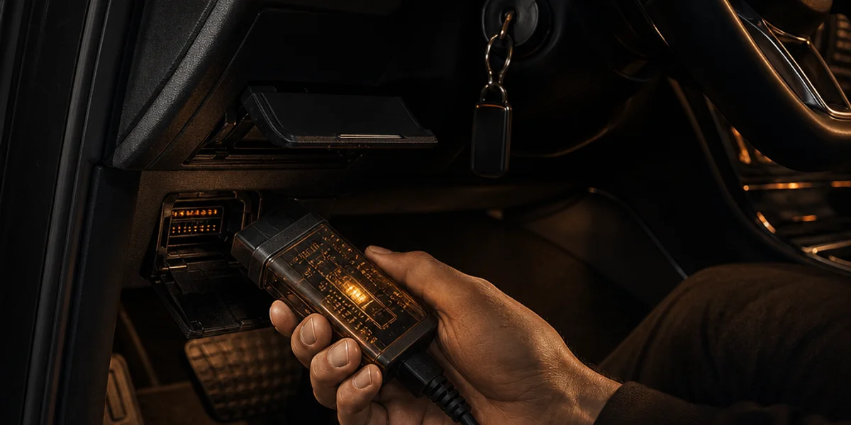 A diagnostic programmer plugged into the 16-pin OBD socket in a right-hand-drive Mercedes driver footwell, behind a flip-down cover beside the bonnet release lever