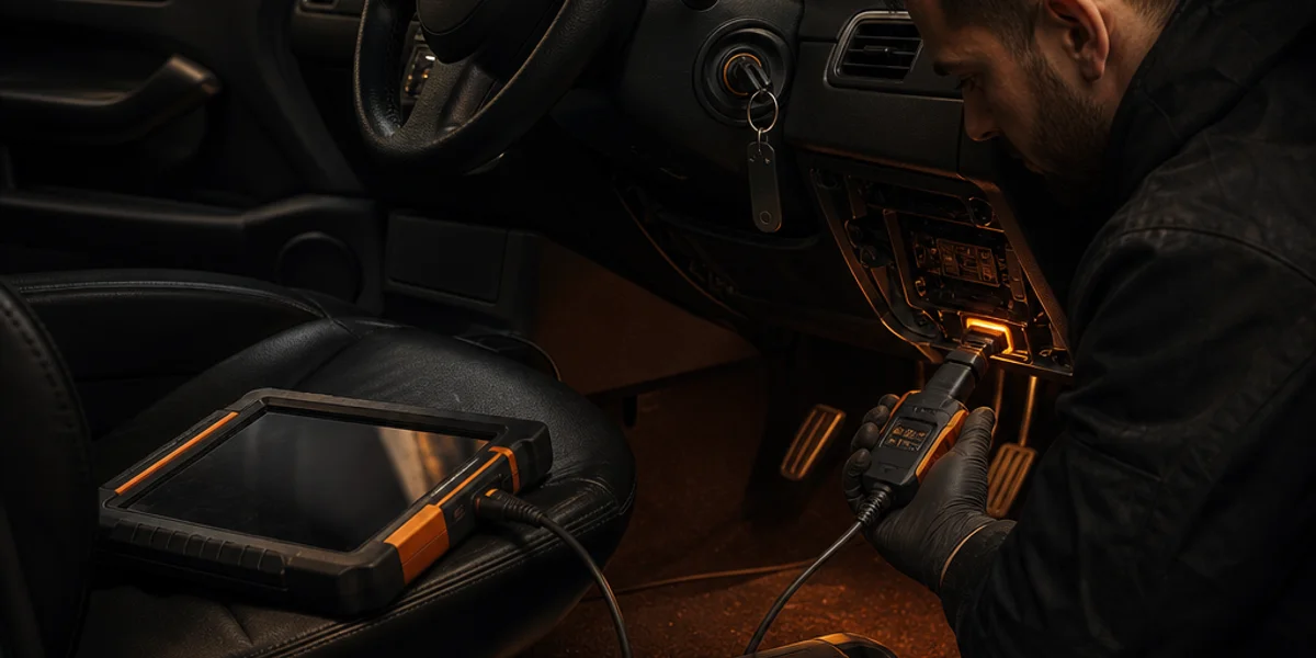 A locksmith crouched in a right-hand-drive driver's footwell with a diagnostic tablet on the seat, its lead running to the OBD socket behind a removed trim panel and a battery support pack on the floor