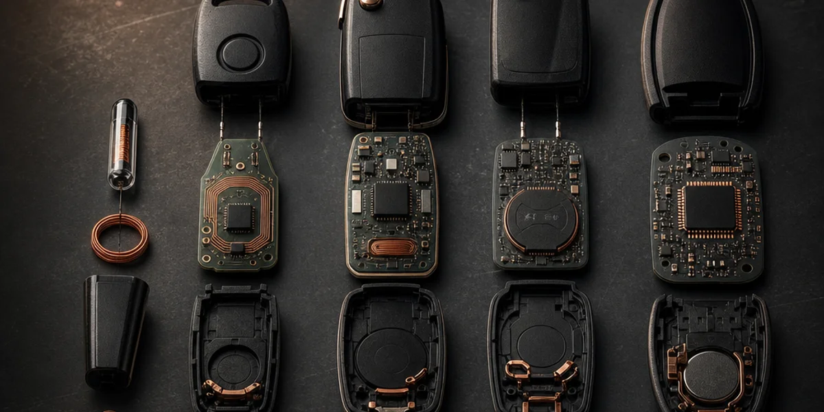 Five generations of Nissan transponder chips shown side by side in a row, increasing in complexity from a plain glass transponder to a dense smart key circuit board