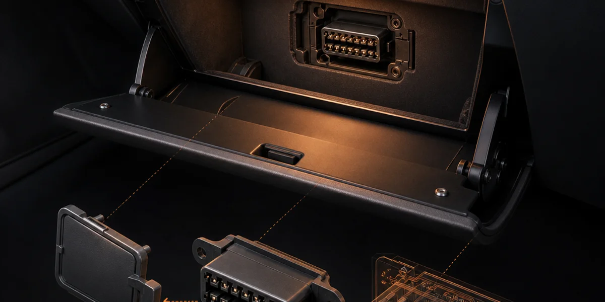 An open glovebox with an inner access panel removed, exposing a 16-pin OBD-II connector inside