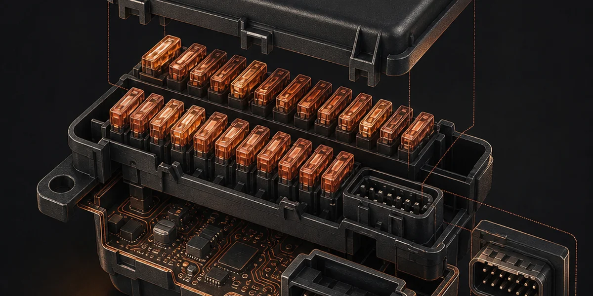 A cabin fuse panel with the cover removed, showing blade fuses beside a diagnostic socket in the same recess