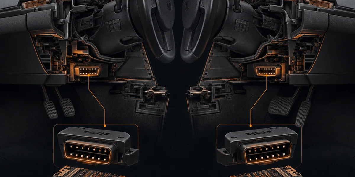 Two mirrored dashboard cutaways comparing left-hand drive and right-hand drive diagnostic socket positions