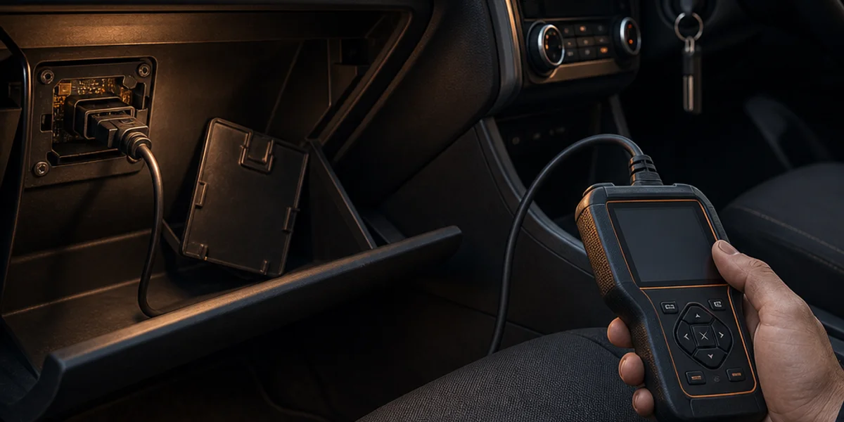 An open glovebox on a right-hand-drive car with a small plastic access panel unclipped from the inner side wall, revealing a 16-pin OBD-II socket behind it with a diagnostic cable plugged in and trailing out across the passenger seat