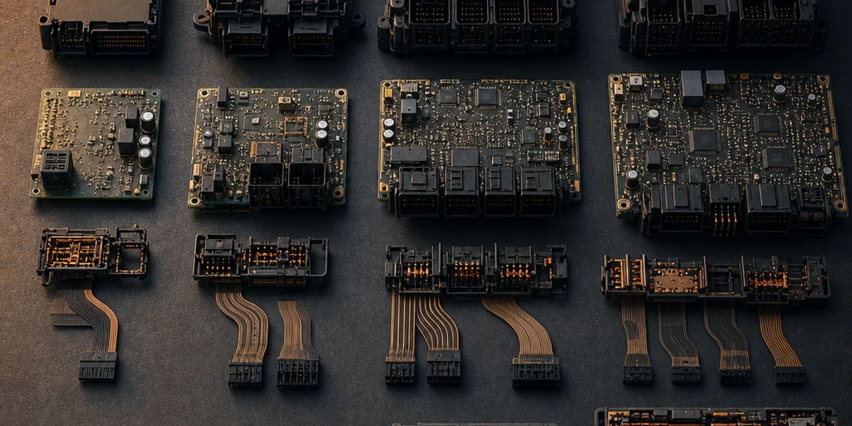 Four generations of PSA BSI body control module laid out side by side on a workshop bench, increasing in circuit complexity from the earliest board to the densest modern unit, with ribbon connectors fanned out beside each