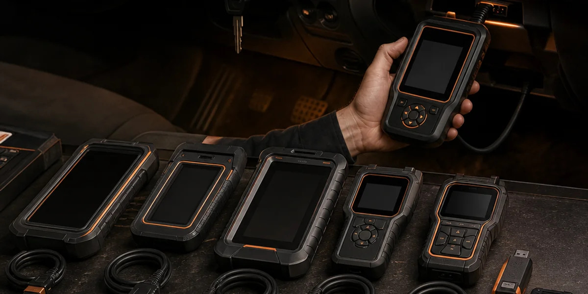 Five professional key programming tablets and handheld units arranged in a row on a workshop bench with their OBD leads coiled beside them, and a licence dongle and key emulator module set out at one end