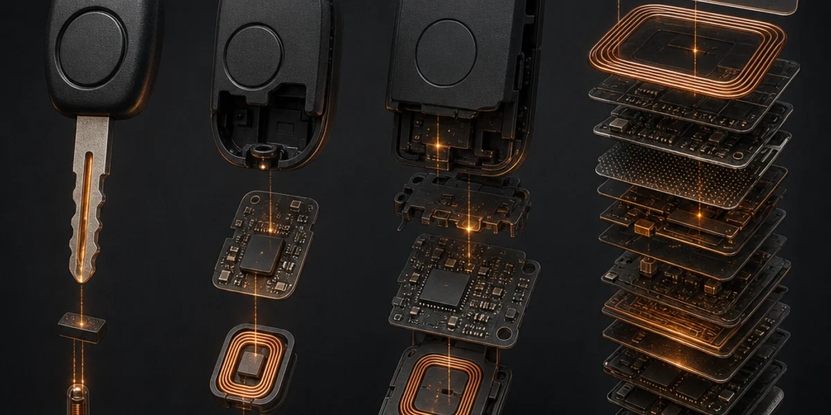 Four generations of Renault transponder shown side by side, increasing in complexity from a simple rolling-code chip to a dense key card module with an integrated antenna