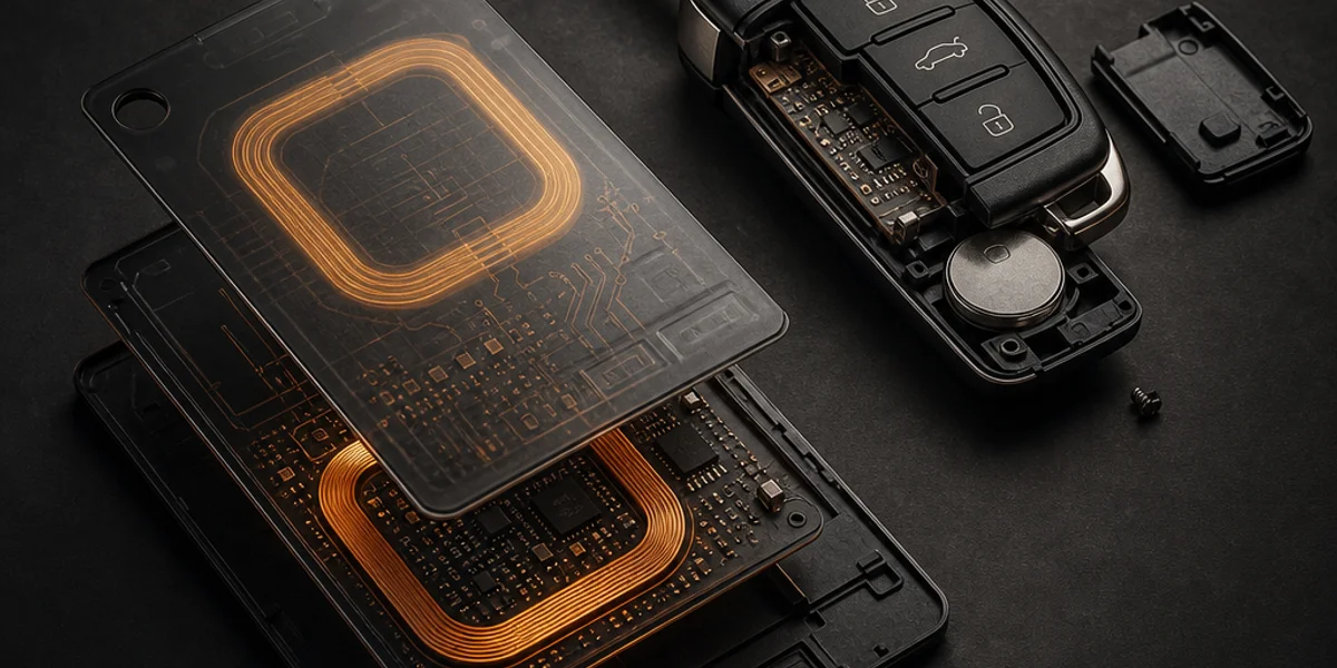 A Renault hands-free key card shown beside a flip remote key, with the card's internal low-frequency coil and circuit traces visible through the plastic