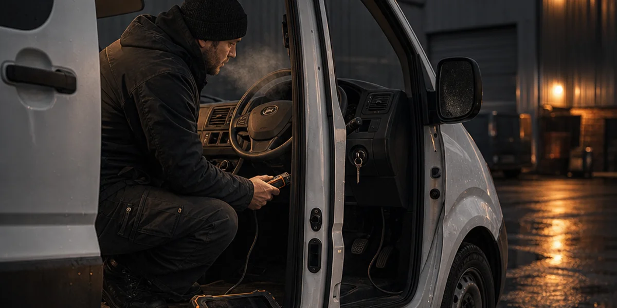 An auto locksmith working at the open door of a white panel van at dusk, diagnostic tablet on the sill with its lead running under the dashboard