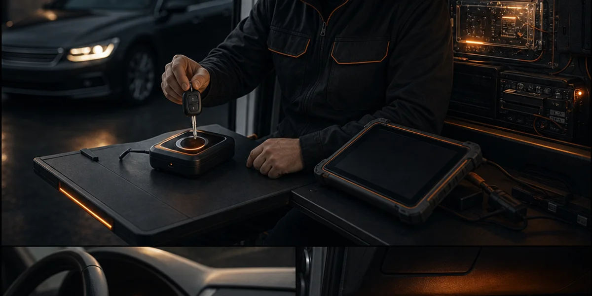 An auto locksmith working at a fold-down bench in a van side door, holding a car key over a handheld transponder reader with a diagnostic tablet beside it and a customer car out of focus on the driveway beyond