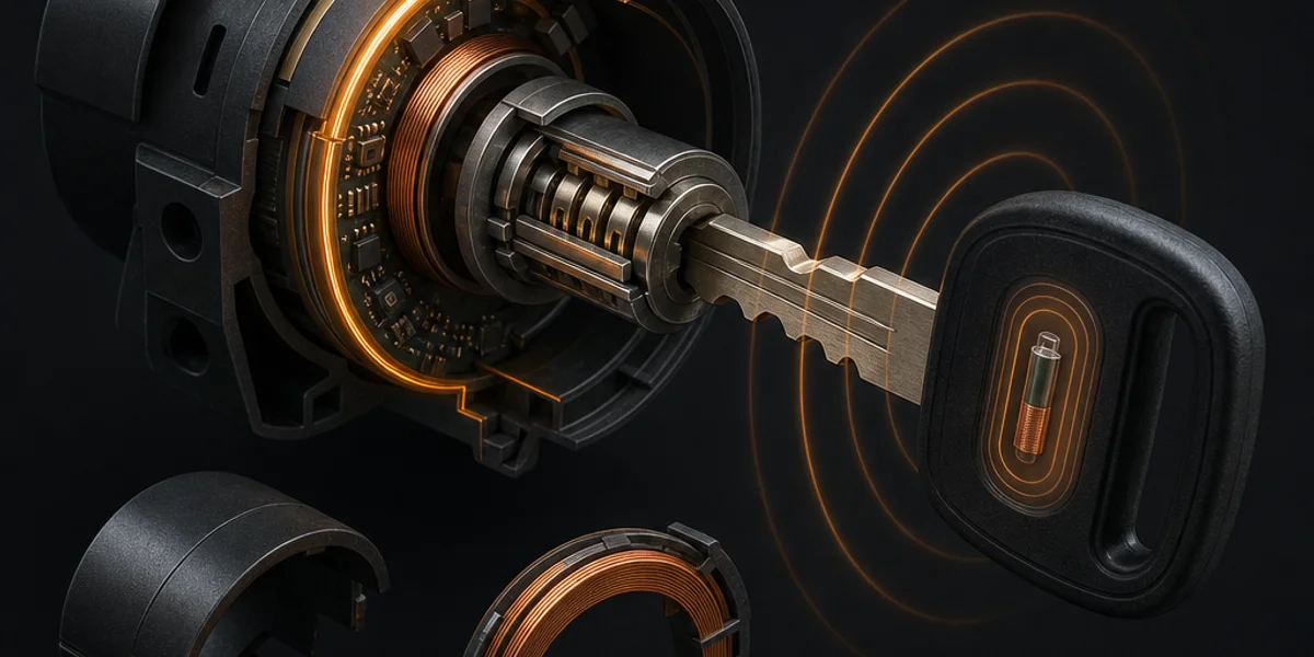 Cutaway view of an ignition barrel showing the transponder antenna ring around the lock, with a key inserted and the low-frequency field energising the glass chip inside the key head