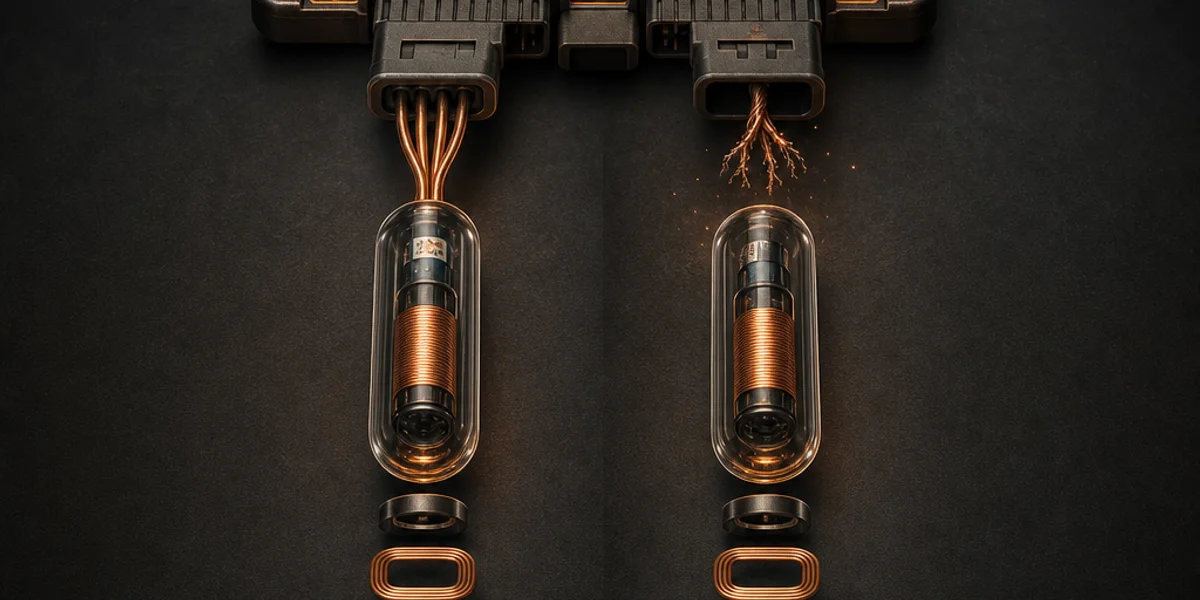 Two visually identical glass transponder chips side by side on a workbench, one connecting cleanly to a body control module and the other rejected, showing that identical appearance does not mean an interchangeable part number