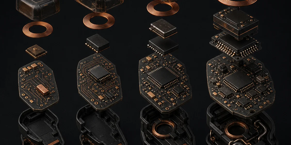 Four van transponder chips arranged in a row on their remote circuit boards, progressing from Megamos Crypto through Hitag 2 and Hitag AES to Hitag Pro