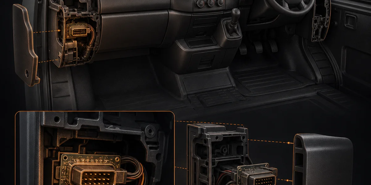 Cutaway of a right-hand-drive van cab showing the OBD-II socket at the passenger-side end of the dashboard behind a removed trim panel, with the driver's side empty
