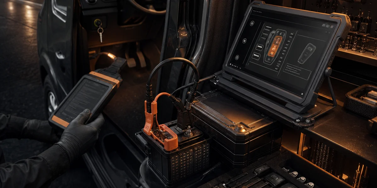 An auto locksmith's roadside setup beside a van with a battery support unit clipped to the battery, a diagnostic tablet on a stand and a tray of cut blades and key blanks