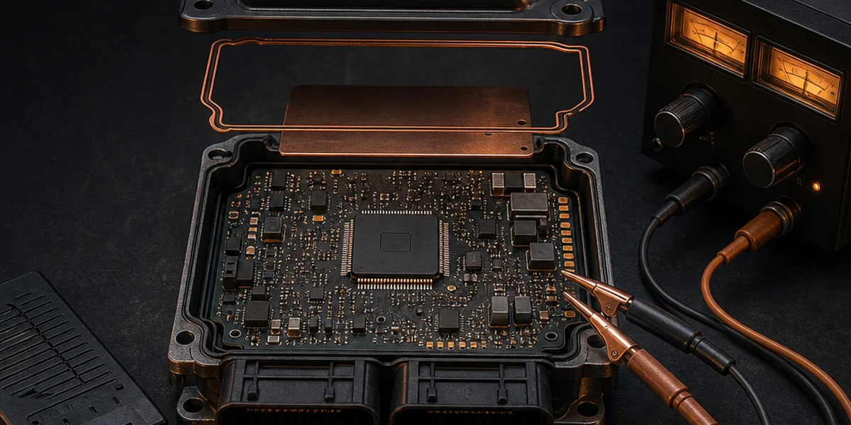 A van Body Control Module opened on a workbench with its processor exposed, bench programmer leads clipped on and a regulated power supply connected