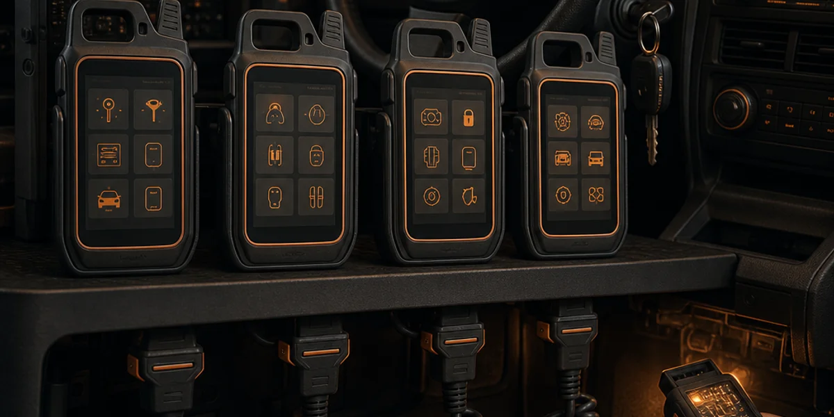 Four handheld key programmers standing upright on a van shelf with their screens glowing, coiled OBD leads hanging beneath them
