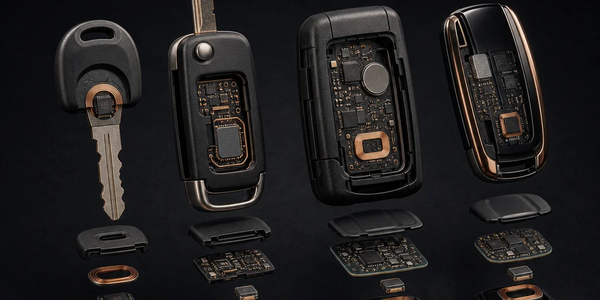 Four generations of Vauxhall keys laid side by side, from a GM-era remote head key through a flip key and a Renault-built van remote to a modern PSA smart key, each with its transponder chip exposed