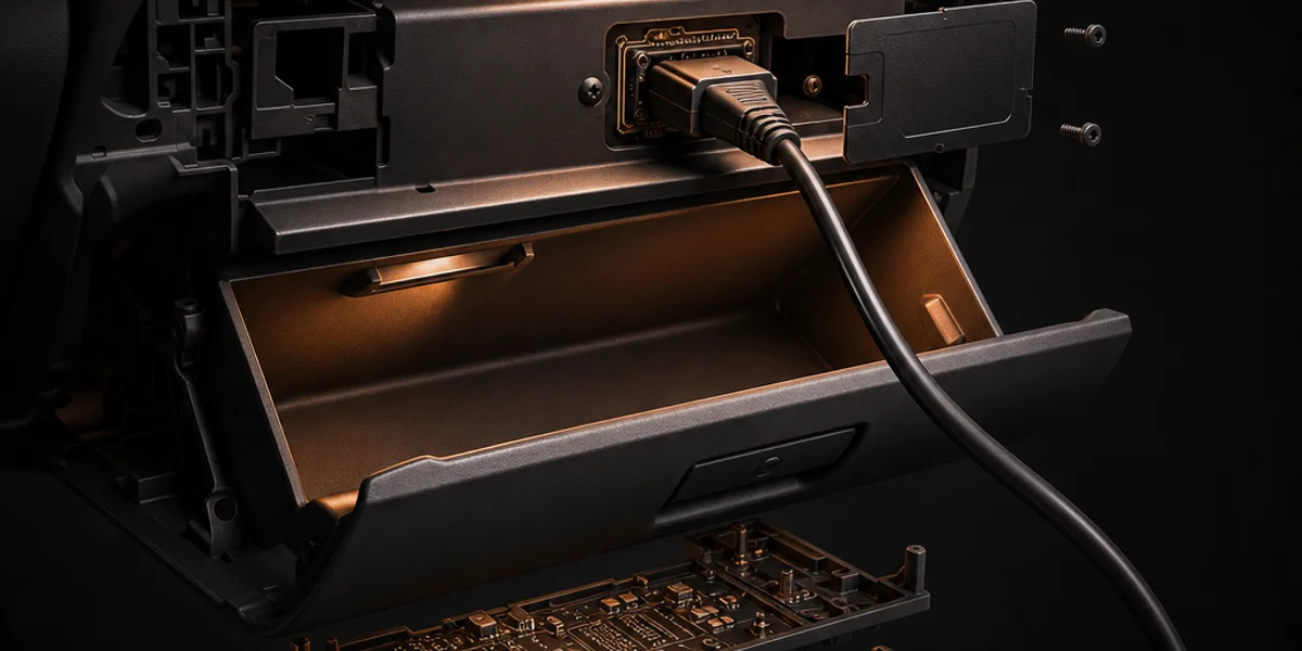 An open glove compartment with a small trim cover removed from its inner face, exposing an OBD-II port with a diagnostic cable plugged in and trailing out towards the passenger seat