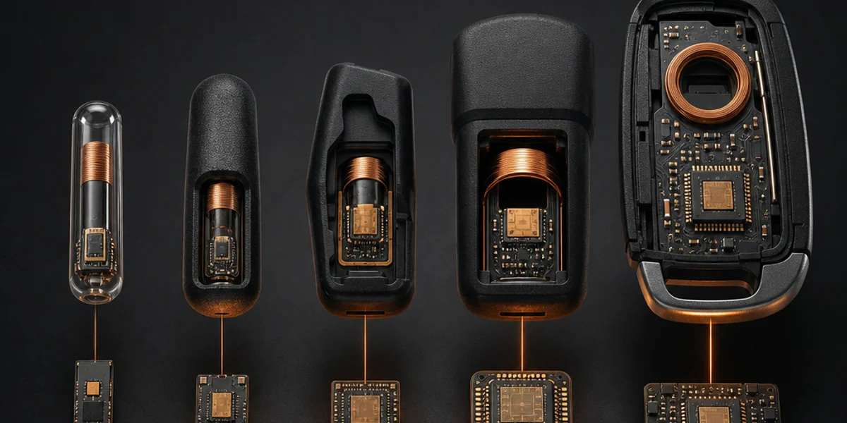 Five generations of Volkswagen immobiliser transponder chips arranged left to right, increasing in complexity from an early Megamos Crypto glass chip to a Hitag Pro chip on a smart key circuit board