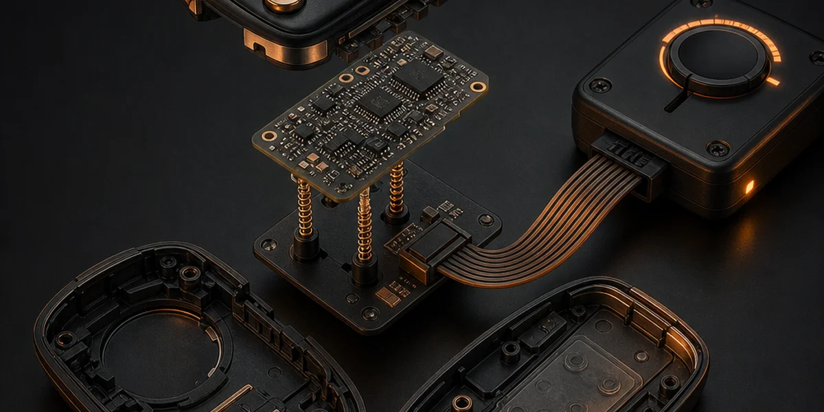 A Volkswagen smart key dismantled on a bench with its circuit board lifted out and clipped onto an adapter interface board, ribbon cable running to a key programming device