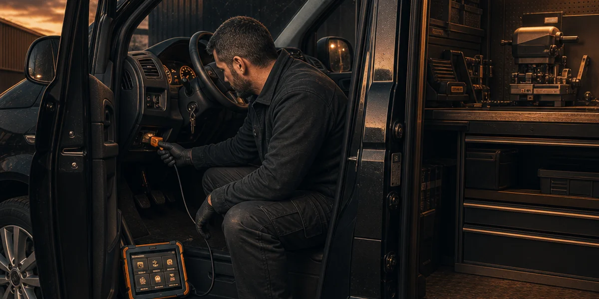 An auto locksmith crouched in the doorway of a Volkswagen Transporter at dusk with a diagnostic tablet on the sill, cable running to the dashboard and a fitted-out key cutting workshop visible in the back of the van