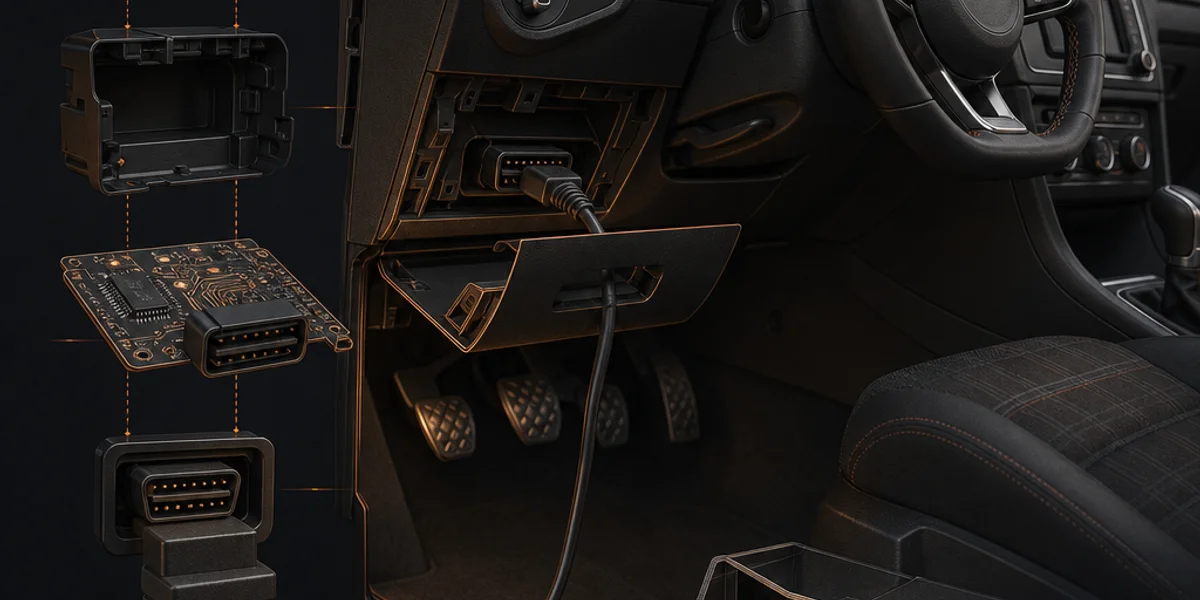 The pull-down storage locker on a right-hand-drive Volkswagen Golf dashboard hanging open to reveal the sixteen-pin OBD port concealed inside, with a diagnostic cable plugged in