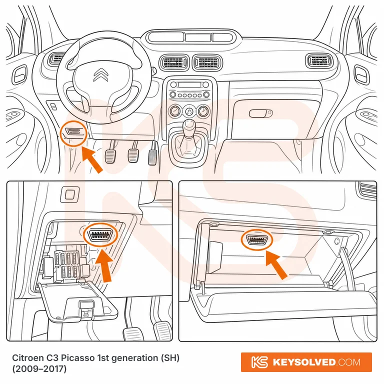 OBD port location in a Citroën C3 Picasso 1st generation